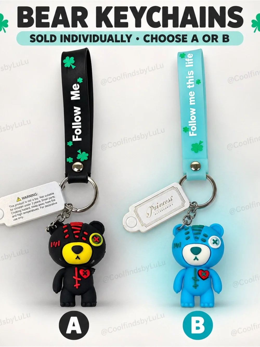 Bear Keychain Kids Accessory - Follow Me Black or Aqua